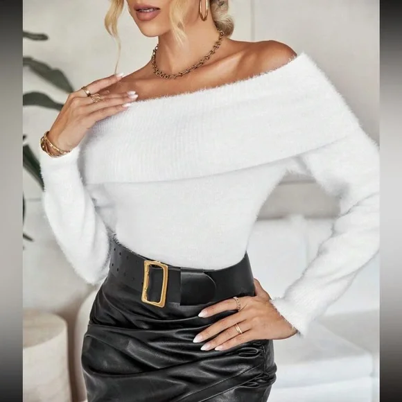 white flap Foldover detail Off Shoulder Fuzzy Sweater - Picture 3 of 6